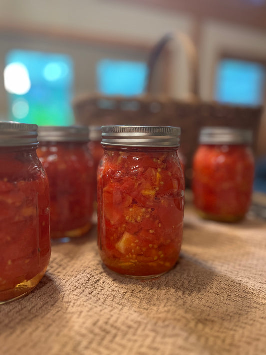Several glass mason jars filled with chopped red tomatoes and other vegetables, sealed with silver metal lids, arranged on a woven tablecloth in an indoor setting with a blurred background.